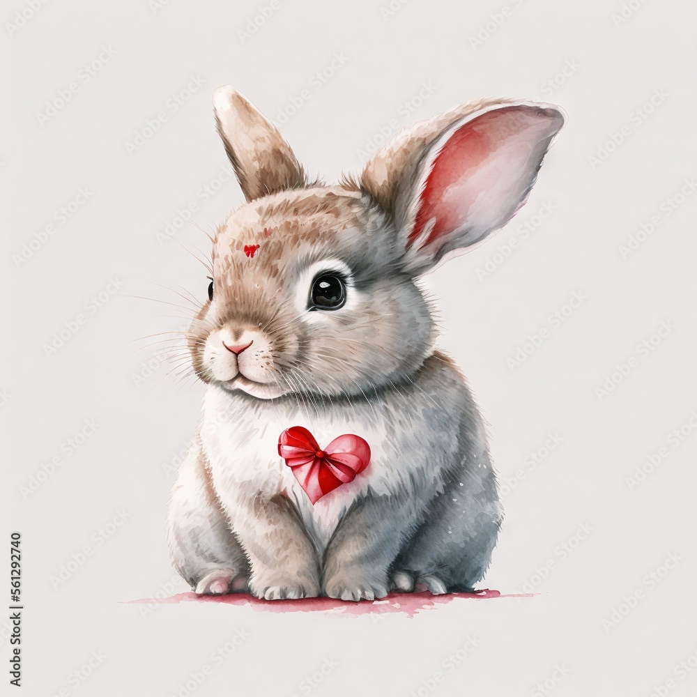 a painting of a rabbit with a red bow on its neck and ears, sitting ...
