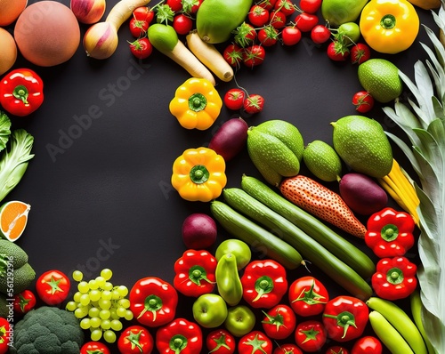 fresh fruits and vegetables on black background © ozun