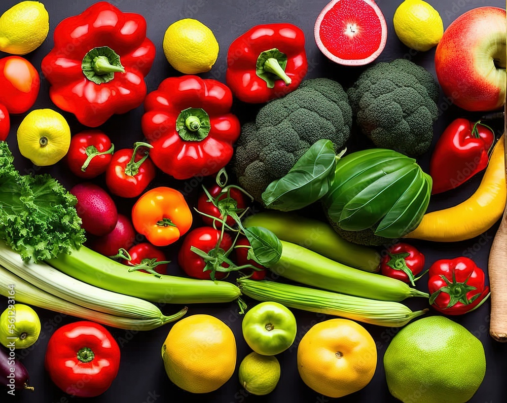 fresh fruits and vegetables on black background