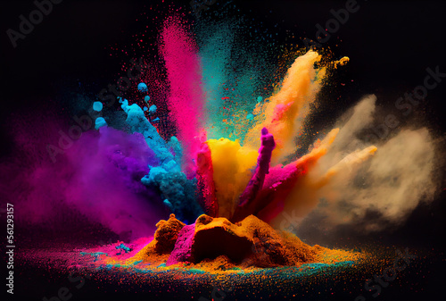Colorful starch and dye powder dust exploding in Holi day. Generative AI