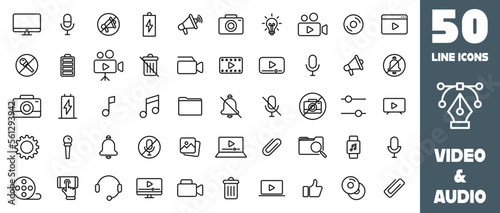 Audio and Video Icons Pack. Audio and Video concept icons. Thin line icons set. Flat icon collection set. Simple vector icons