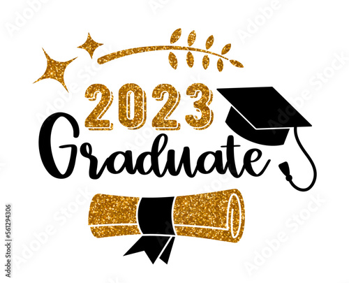 2023 Graduate . Trendy calligraphy golden glitter inscription with black hat