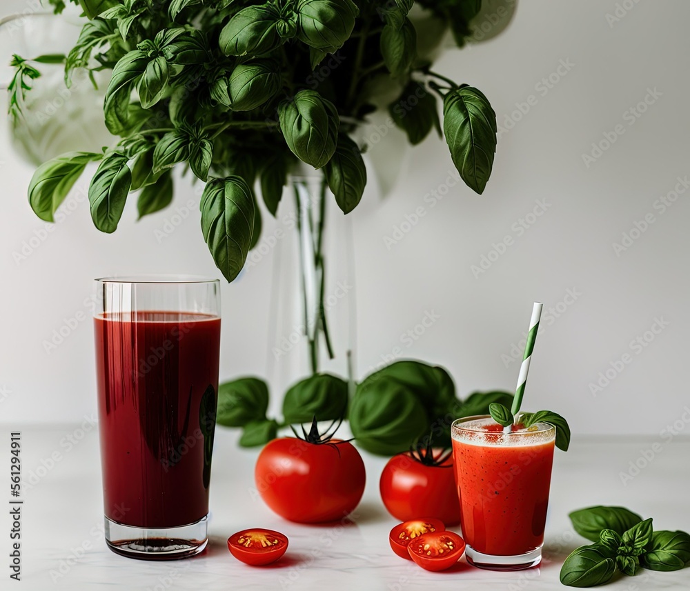 tomato juice with fresh basil and mint on a black background tomato juice with fresh basil and mint on a black background
