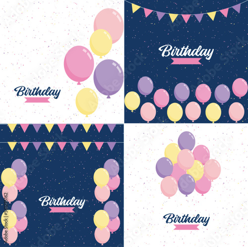 Elegant golden. blue. silver. and white balloon and cloth bunting party popper ribbonHappy Birthday celebration card banner template