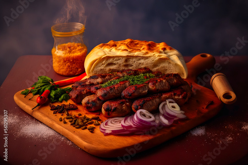 tasty grilled meat cevapi served on a wooden chopping board with scattered ingredients around photo