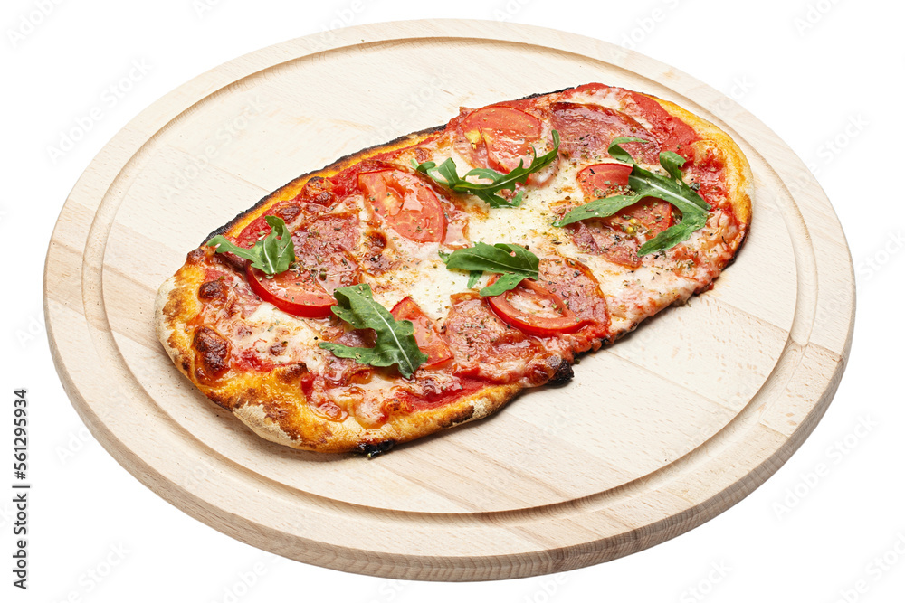 Delicious pizza served on wooden plate isolated on white background. Pizzeria menu. Concept poster for Restaurants or pizzerias. File contains clip
