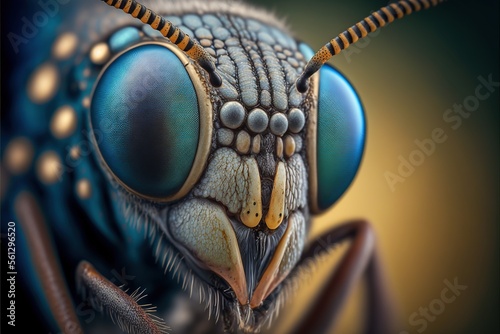  a close up of a blue fly insect with long antennae and large eyes, with a black background and a yellow border around the eyes and bottom half of the image is a blue and. © Natalja