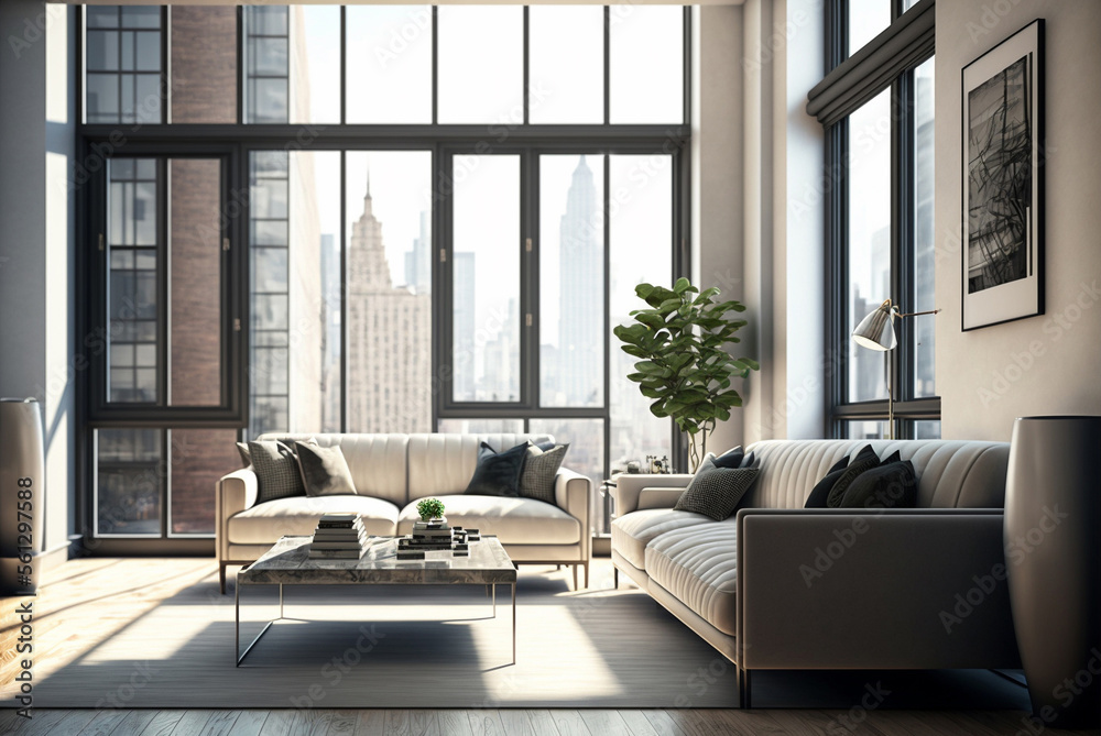 Apartment interior. Modern design living room with furniture, glass windows. AI generative	