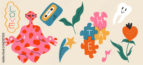 Set of psychedelic drawings, stickers. Pink alien, tooth, flowers, puzzle, inscription, cassette. Flat design, cartoon drawing, vector illustration. Template for printing.