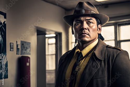 Native American detective portrait, police station background, copyspace. Generative AI