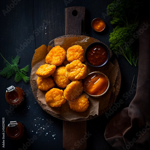 crunchy chicken nuggets with mustard and honey sauce on a wooden board, created with Generative AI