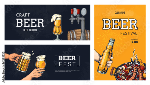 Beer festival poster, glass cups and bottles with beverage. Vintage oktoberfest or bbq party invitation flyer, hand toast, barbecue grill. Web banner template. Vintage style vector illustration