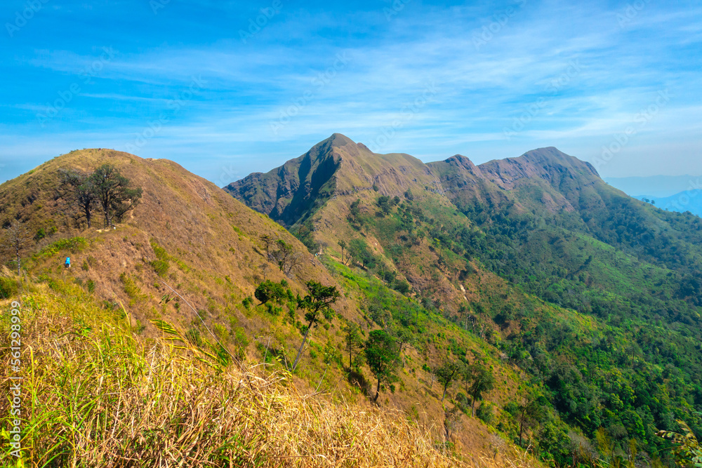 Mountain for Hiking and Climbing with blue sky.Top of mountains peak at Khao Chang Phuak Mountain ,Kanchanaburi,Thailand,copy space for text.