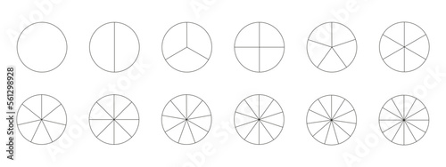 Segmented charts collection isolated on a white background. Many number of sectors divide the circle on equal parts. Outline black thin graphics. Set of pie charts.