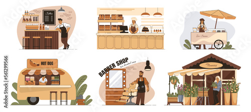 Small business. Cafe and shop owners. People works at family store. Vendors selling coffee or grocery. Flowers kiosk. Barbershop or Fast food. Marketplace stalls set. Vector illustrations