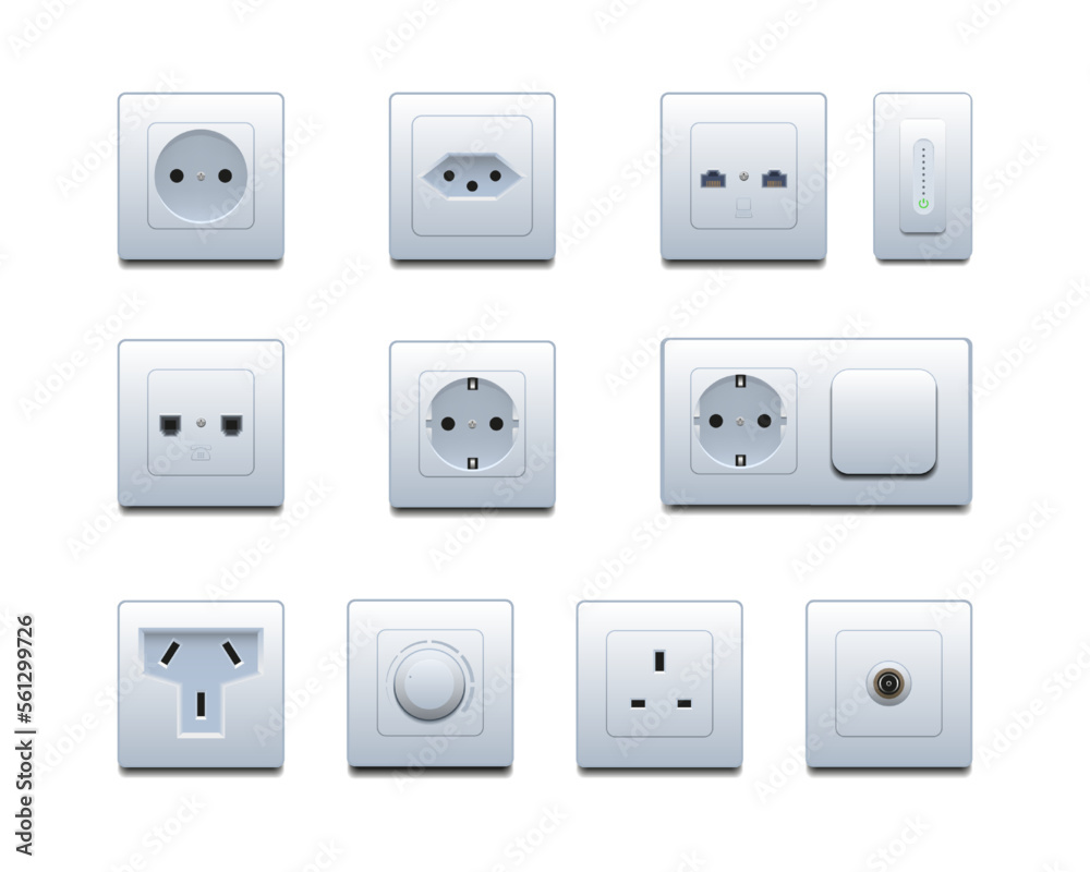 Realistic switch or socket. Electric power plug. Light toggle button. Plastic energy supply. Double electricity control. Isolated electrical connectors set. Vector illustration collection Realistic switch or socket. Electric power plug. Light toggle button. Plastic energy supply. Double electricity control. Isolated electrical connectors set. Vector illustration collection