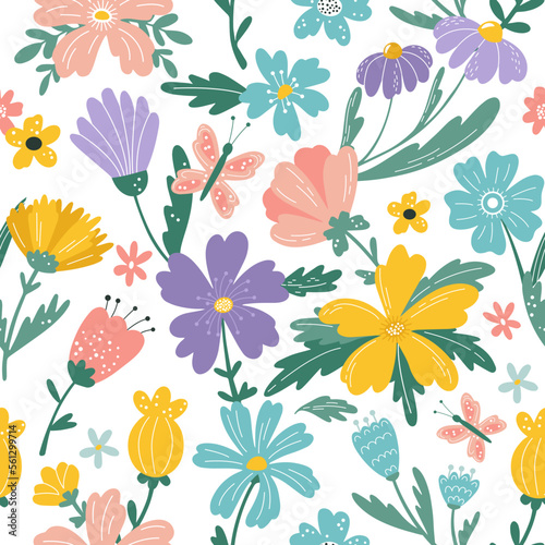 Spring flowers, summer folk floral pattern. Pretty fabric garden motif, cute simple plants, jungle herbs. Cartoon flat elements. Decor textile, wrapping paper. Vector seamless background