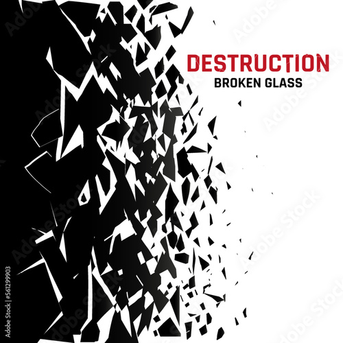 Broken glass shatter fragments. Window explosion. Disintegrate debris after destruction. Black exploded particles. Splinters crash. Damaged fragile surface. Vector texture background