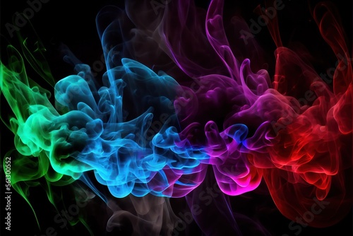 Intense smoke and fog whisps in contrasting vivid red, green, purple and blue colors. Vivid abstract background