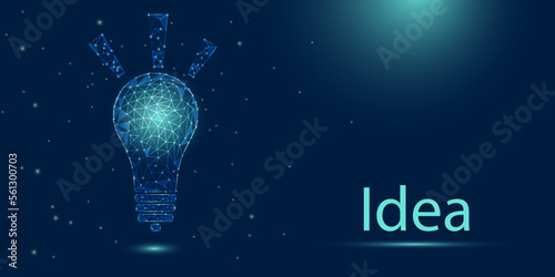Abstract blue glowing light bulb. Creative idea with low-poly design light bulb on dark blue background. Concept of idea, innovation, business, creative. Low poly style design. Vector