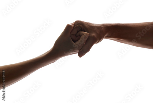 Conceptual of Male and female hands connected with each other together and forever isolated on white background with clipping path for easy in your design. Concept of Care, Support and Love. Focus and