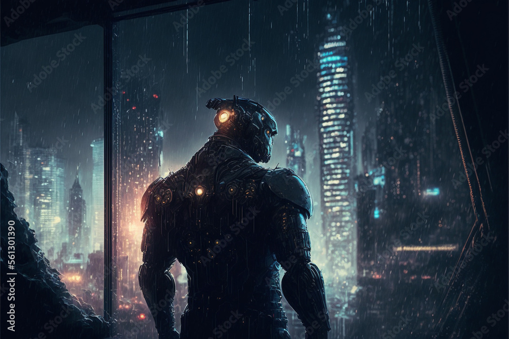 man with a mechanical arm staring in awe at a massive metropolis. The technology, known as Industry 4.0 allows for seamless integration of advanced machinery and robotics with human body generation AI man with a mechanical arm staring in awe at a massive metropolis. The technology, known as Industry 4.0 allows for seamless integration of advanced machinery and robotics with human body generation AI