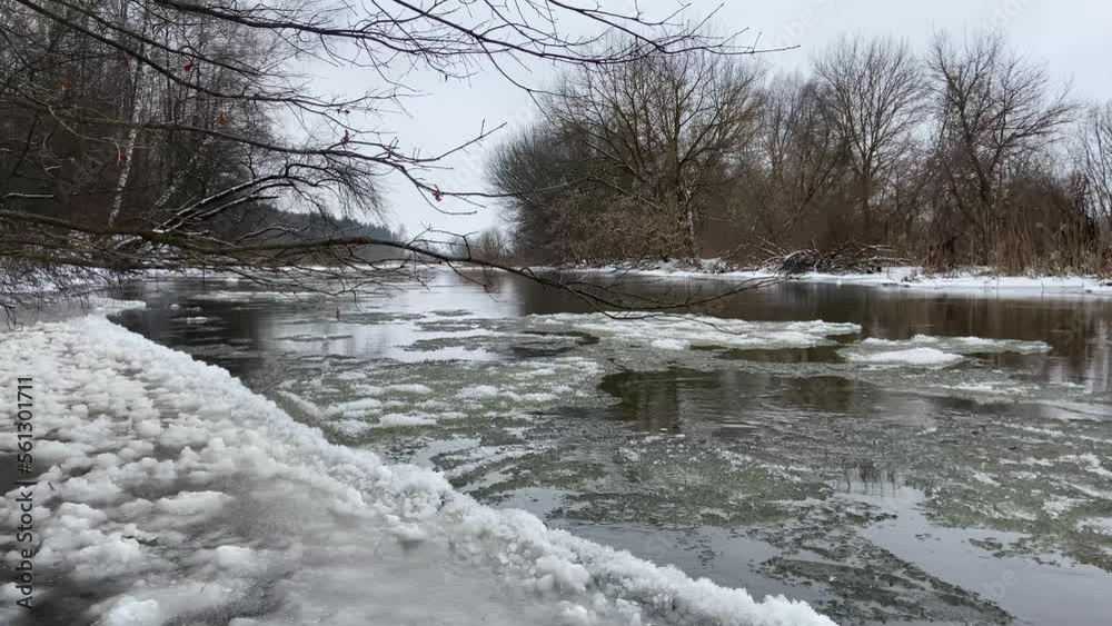 A winter river, the current carries ice. Chunks of ice and snow in the river. Calm nature near a fast river, trees. Trees near water in winter, glacier. drift of ice on the river. 4k A winter river, the current carries ice. Chunks of ice and snow in the river. Calm nature near a fast river, trees. Trees near water in winter, glacier. drift of ice on the river. 4k