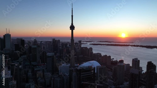 Aerial cinematic downtown Toronto CN tower sunrise 2 photo