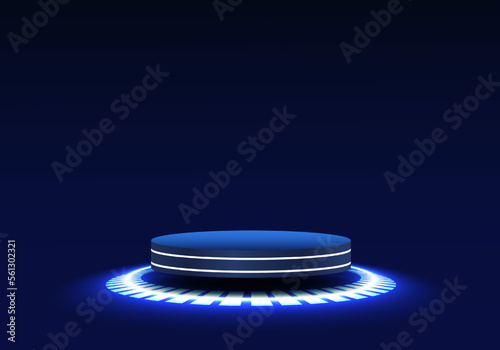 Technology podium has a blue light around it. Suitable for placing electronic technology products on dark blue background Increase interest and increasing sales of the product.