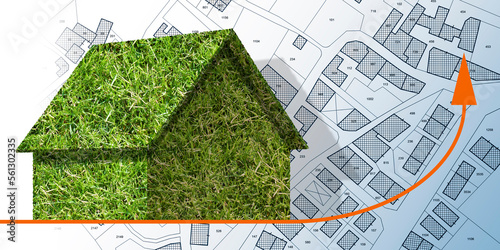 Imaginary city map with a green building - The architecture of the future - Concept with home model