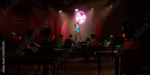 People playing as avatars watching live comedian performing stand-up monologue on a stage VR comedy club in metaverse
