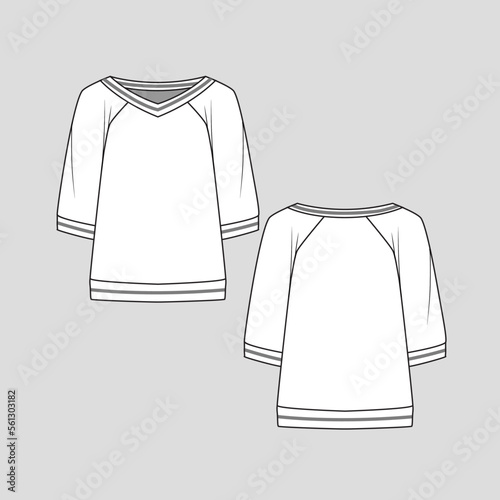 Raglan Wide V Neck Fashion top Tipping Neck raglan elbow Sleeve clothing fashion flat sketch technical drawing template design vector