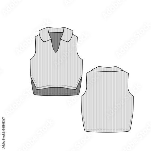 Polo Collar Notch neck Ribbed Crop Top Sleeveless High Low Hem Side Slit Rib Clothing Fashion flat sketch drawing template design vector
