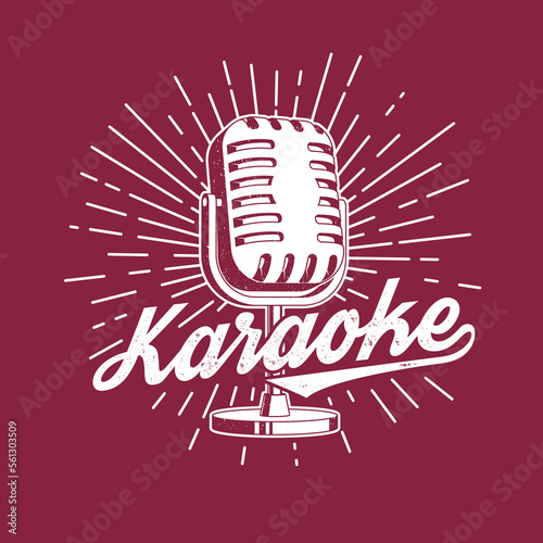 Karaoke party poster, banner. Retro microphone with sunburst vintage typography design for t shirt, emblem, logo, badge design. Vector illustration