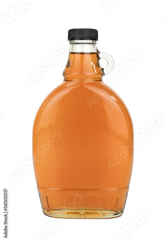Maple syrup bottle isolated on white background. Pure Canadian maple syrup.  