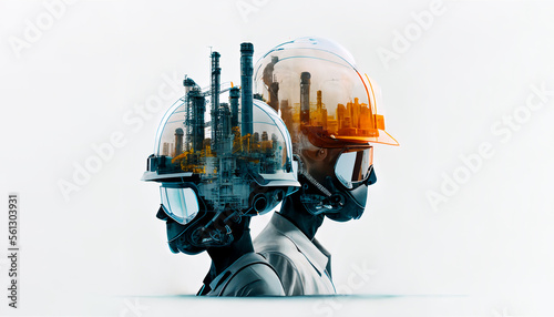 Future Gas mask of Oil refinery plant and Gas Industry construction engineering the devotion project with double exposure civil engineering design. Future modern construction projects. Generative AI