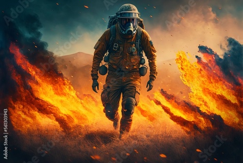 Firefighter Running Through A Flaming Field Generative AI