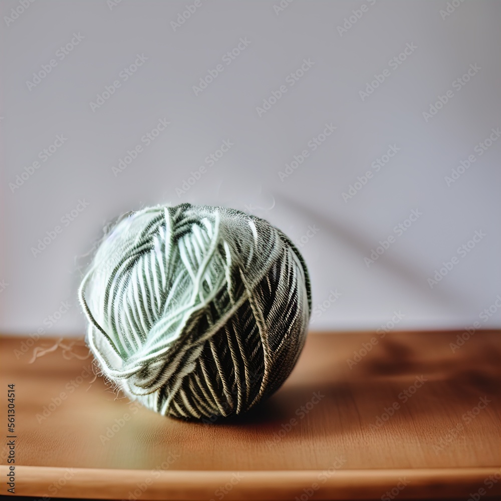 A ball of yarn on a table. A ball of yarn on a table.