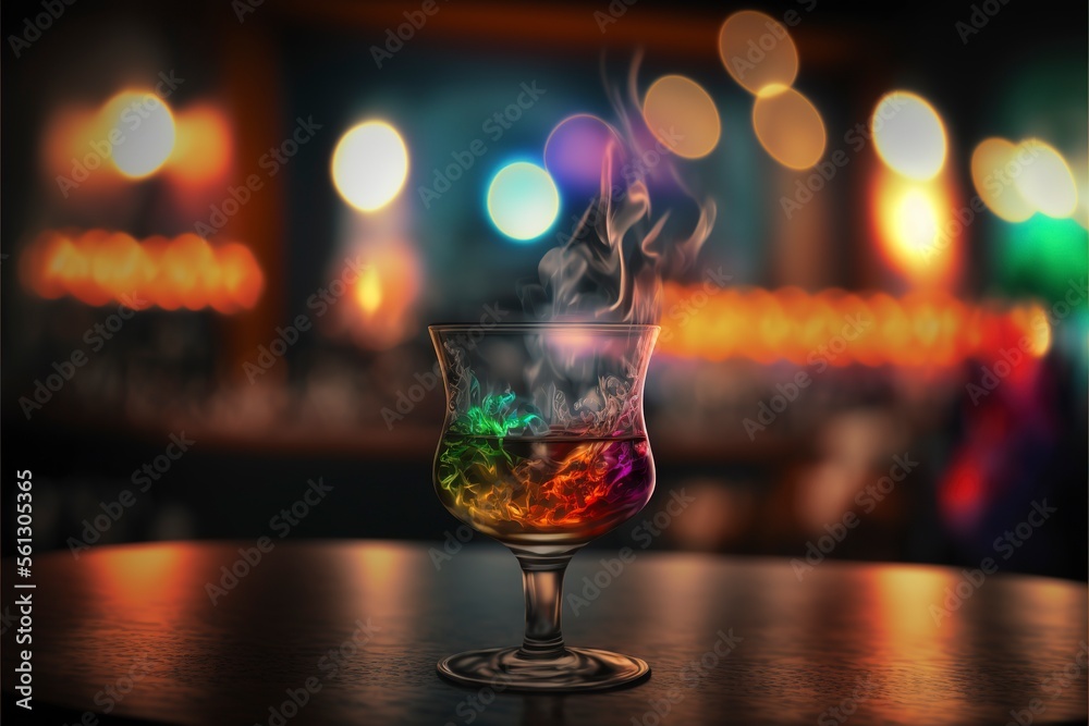 Cocktail Glass Drink With Smoke On Bar Table Generative AI