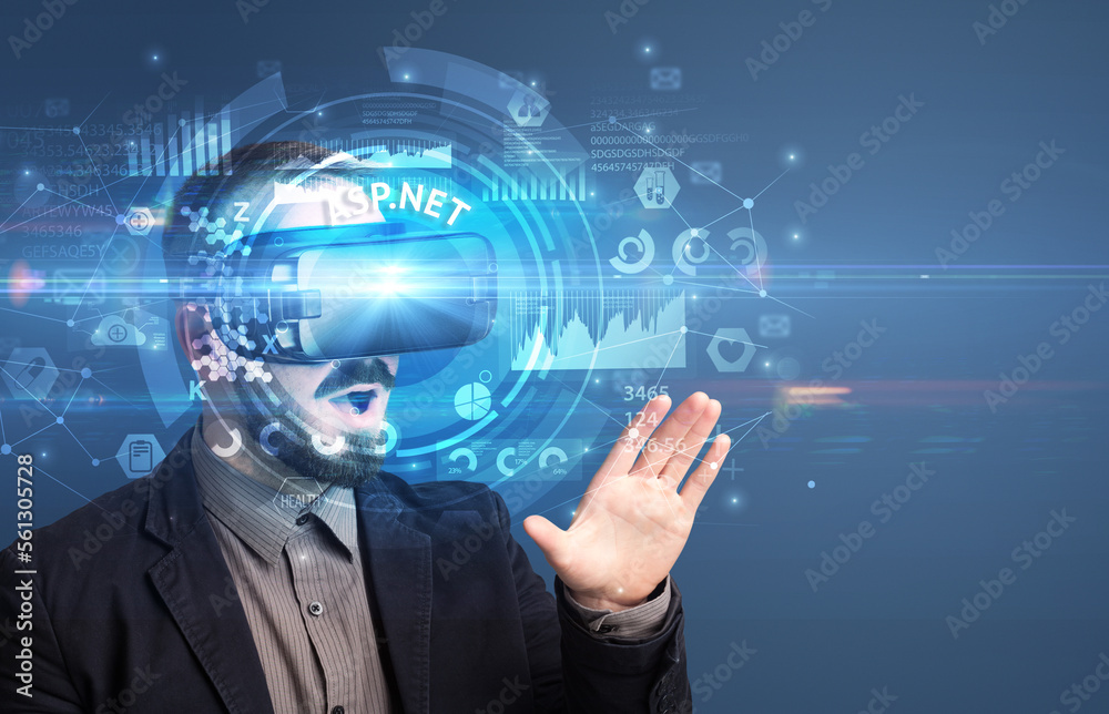 Businessman looking through VR glasses Businessman looking through VR glasses