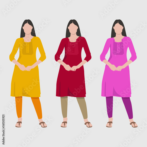 Indian Women Kurti Dress Ethnic Traditional Wear fashion Clothing Illustration Icon Design Vector, Kurta Pajama Dress for Women