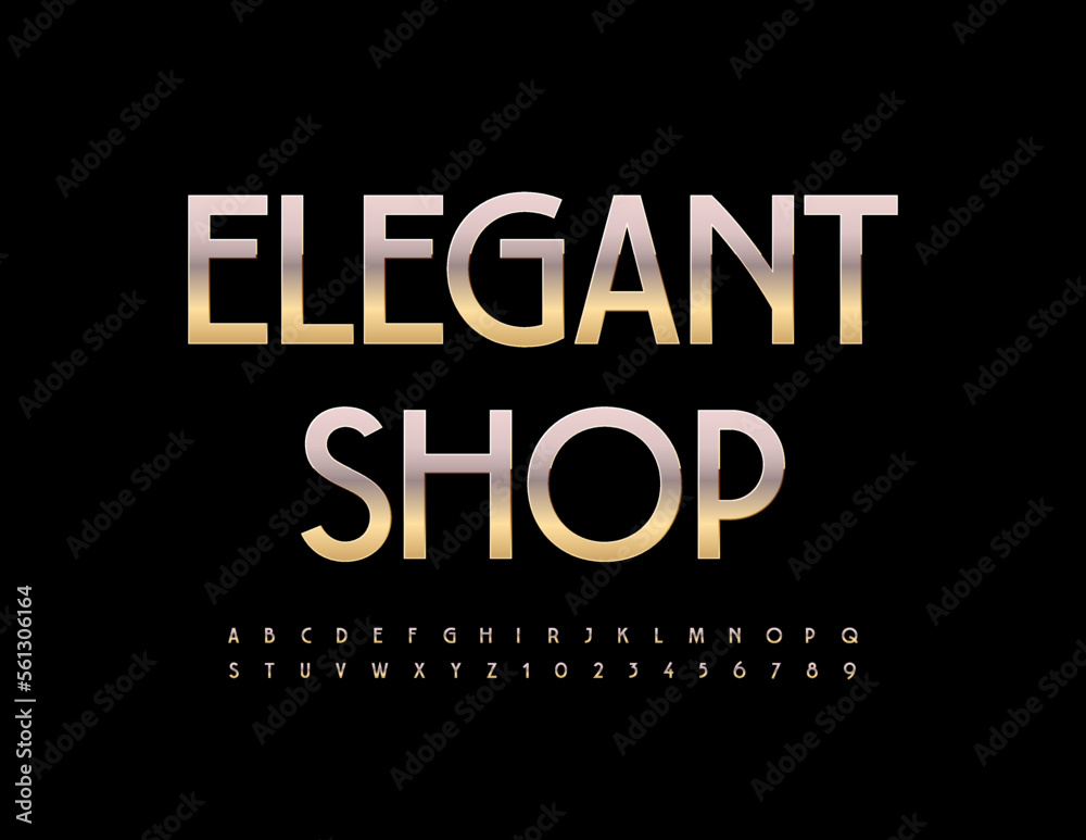 Vector modern Sign Elegant Shop. Stylish Golden Font. Trendy Alphabet Letters and Numbers set Vector modern Sign Elegant Shop. Stylish Golden Font. Trendy Alphabet Letters and Numbers set