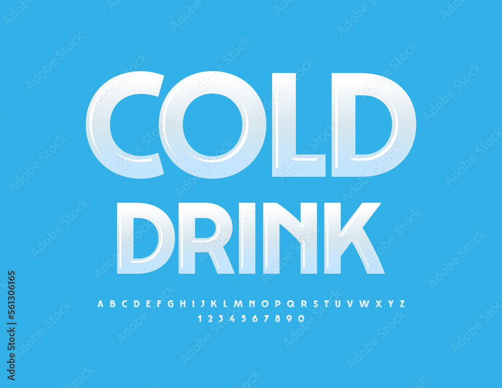 Vector advertising banner Cold Drinks. Elegant Glossy Font. Stylish White Alphabet Letters and Numbers.