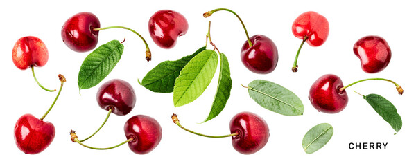 Papier peint photo Bibliothèque Fresh red cherry fruits and leaves. PNG with transparent background. Flat lay. Without shadow.  © ifiStudio