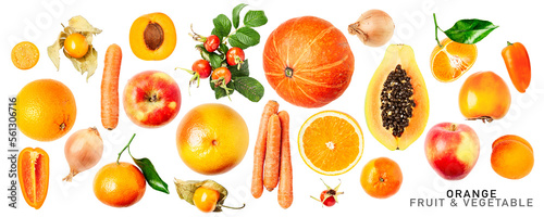 Fresh orange fruits and vegetables. PNG with transparent background. Flat lay. Without shadow.