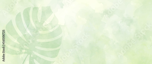 Green background watercolor vector texture for poster, cover, banner, flyer, cards. Hand drawn light green illustration with monstera for design. Spring minimalistic backdrop. Leaves.