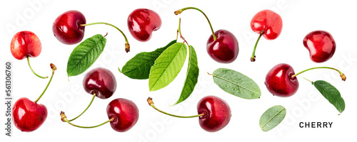 Leinwand Poster Fresh red cherry fruits and leaves