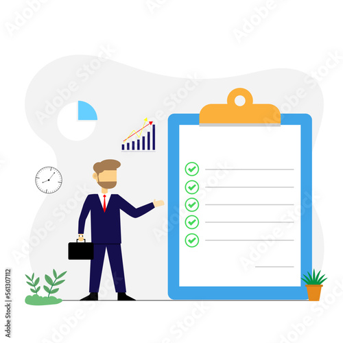 Vector illustration character businessman show business target checklist at document clipboard