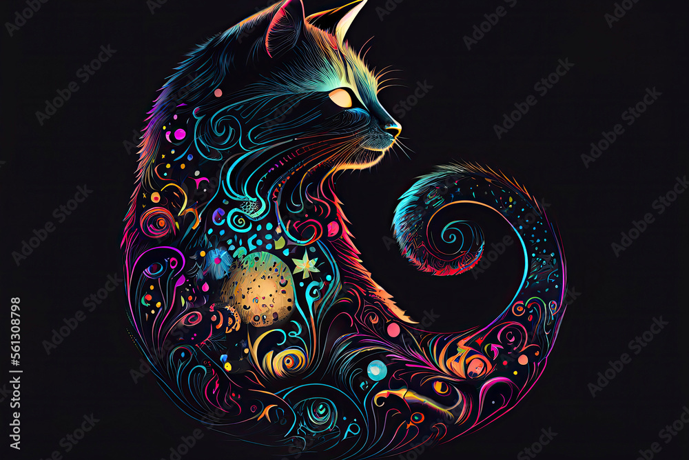 psychedelic Luna cat on a black background