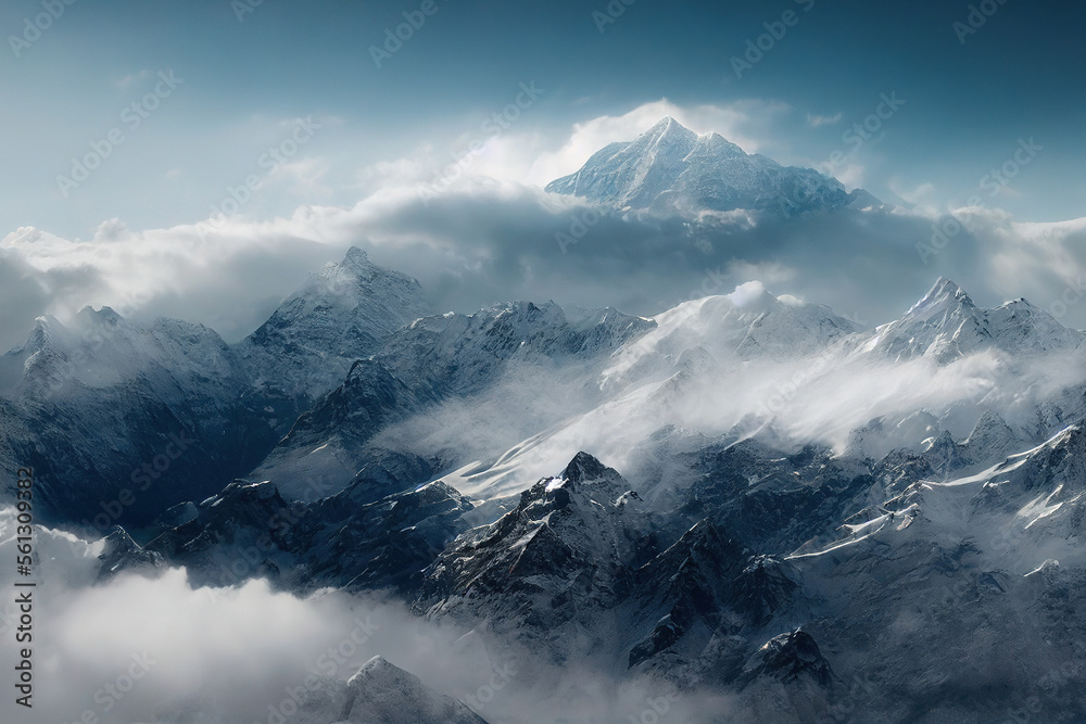 Winter mountains covered with clouds. AI	